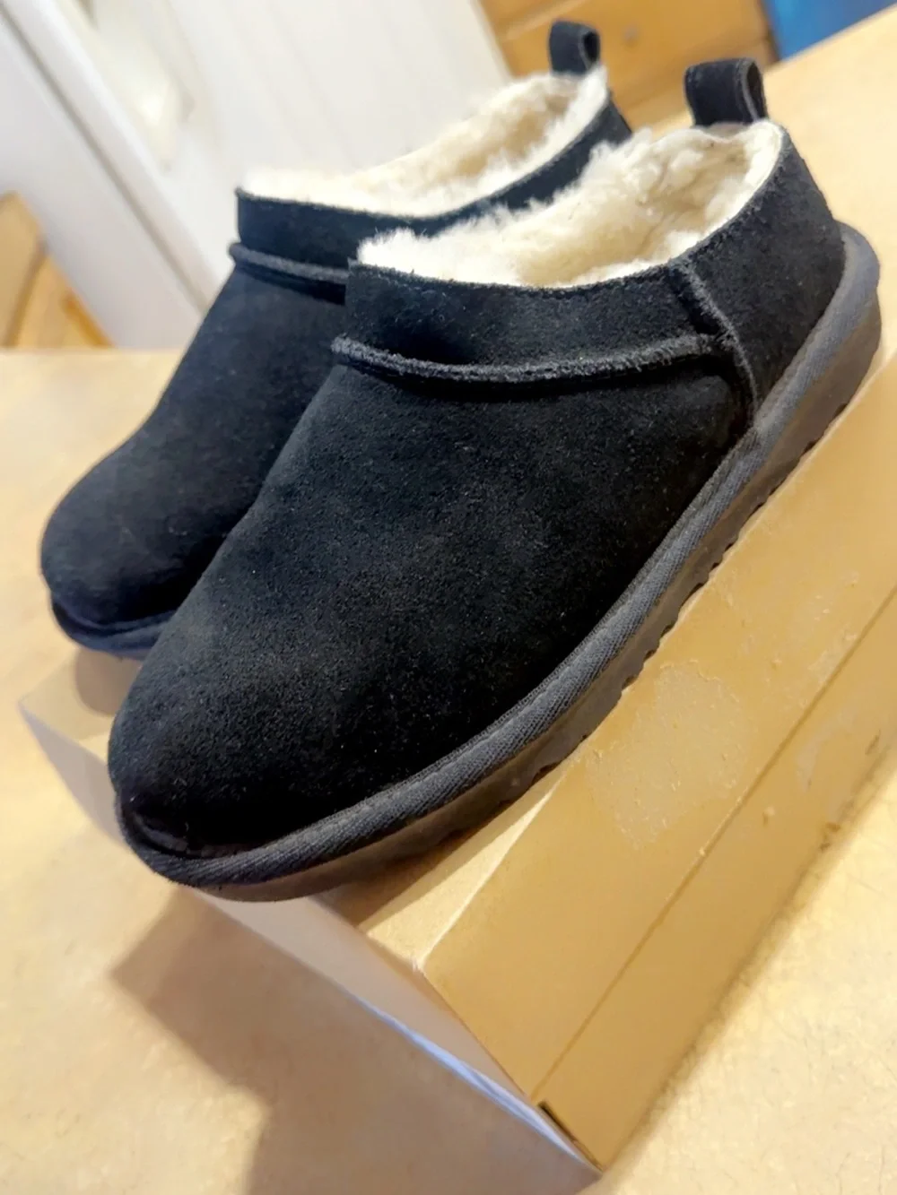 UGG Kids Black Suede Slip-On Clog with Shearling Trim